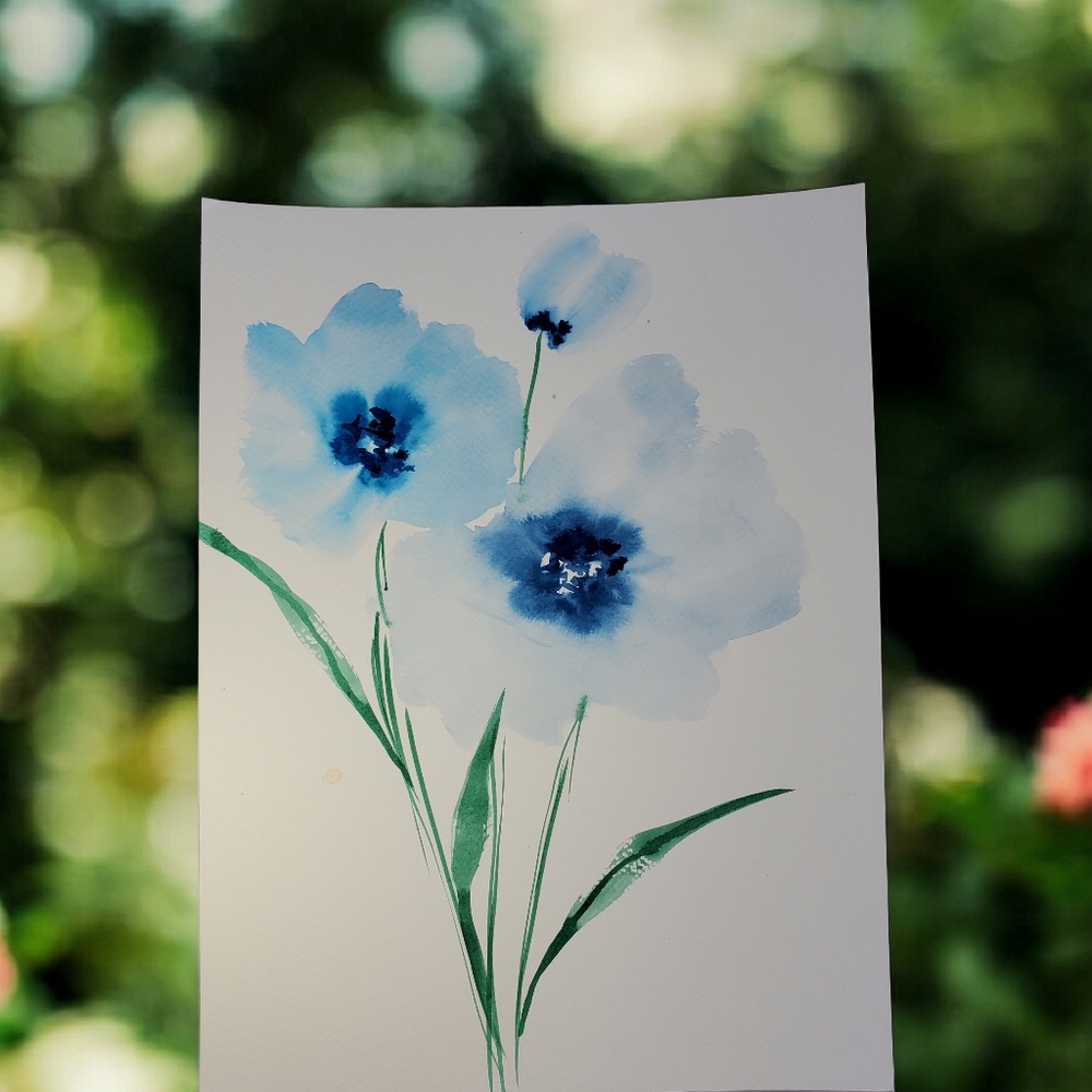 Blue Floral Watercolor Painting 12 X 9in.